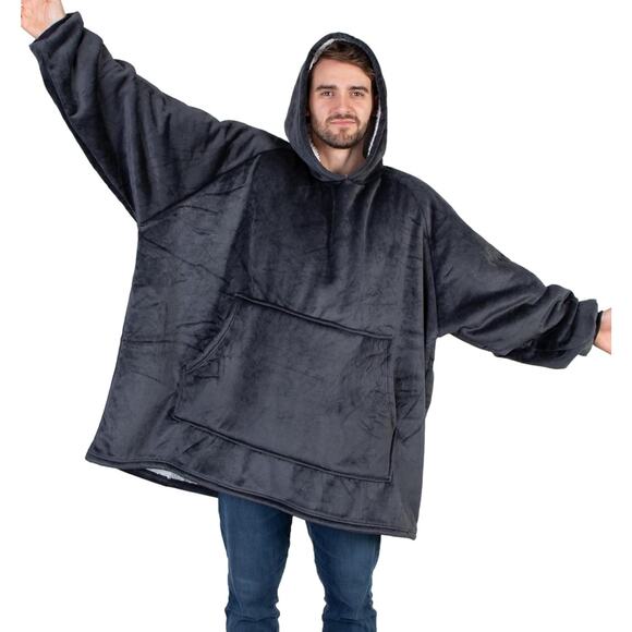 Oversized Wearable Blanket Hoodie, Cozy Sherpa Hoodie Blanket, w/Pocket, Grey - Picture 1 of 5